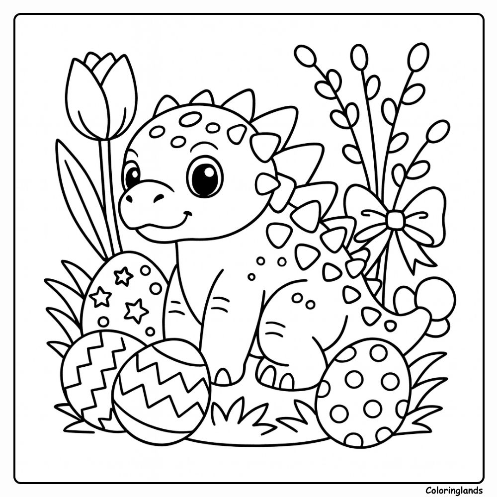 Ankylosaurus Dinosaur Easter Egg Spring Scene coloring page