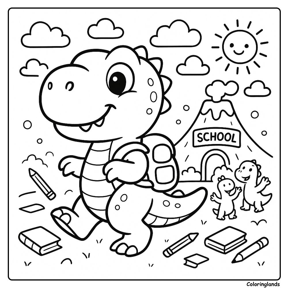 Baby T Rex During a Sunny Walk on the Schoolyard coloring page