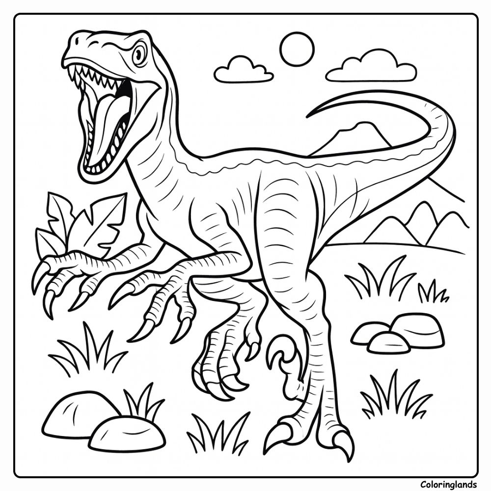 Blue Velociraptor Over Open Plains Races coloring page