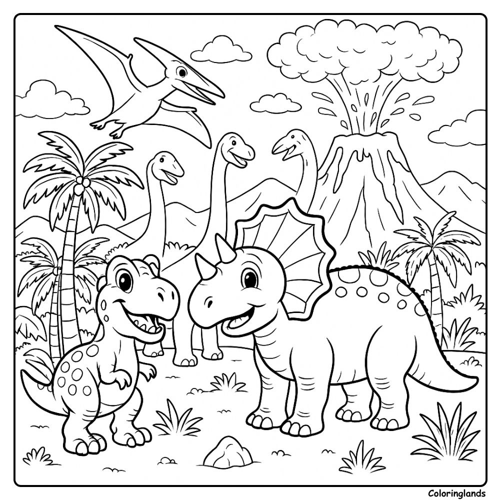 Dinosaur Volcano Friends with the Palm Trees coloring page
