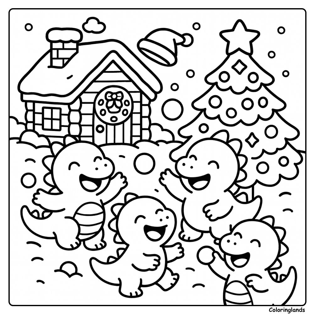 Christmas Dinosaur in a Snowy Garden coloring page