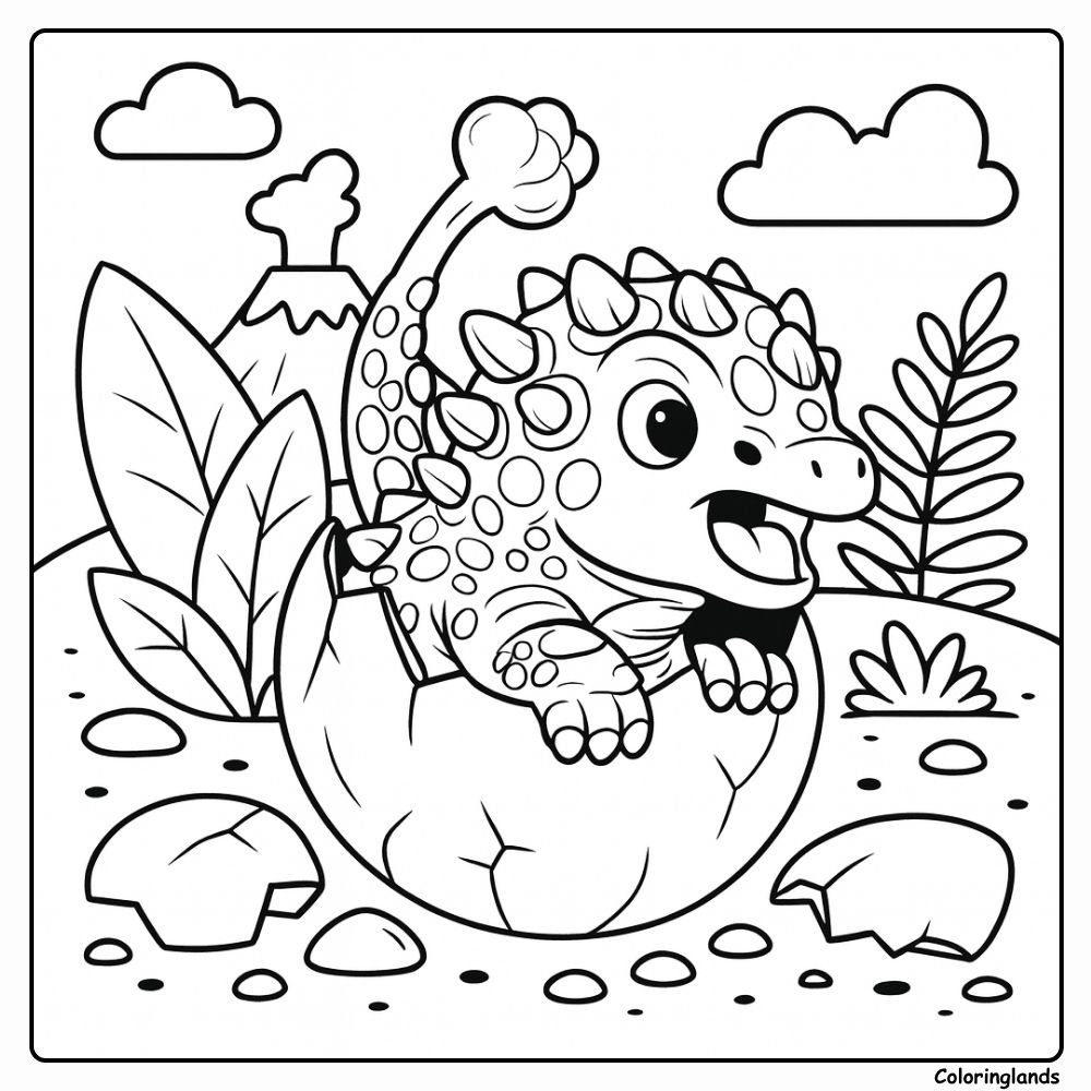 Baby Ankylosaurus Dinosaur from Egg with View on Volcano coloring page