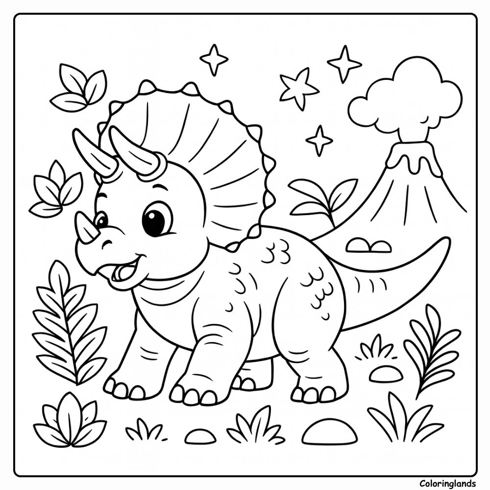 Baby Triceratops Dinosaur Under Starry Sky coloring page