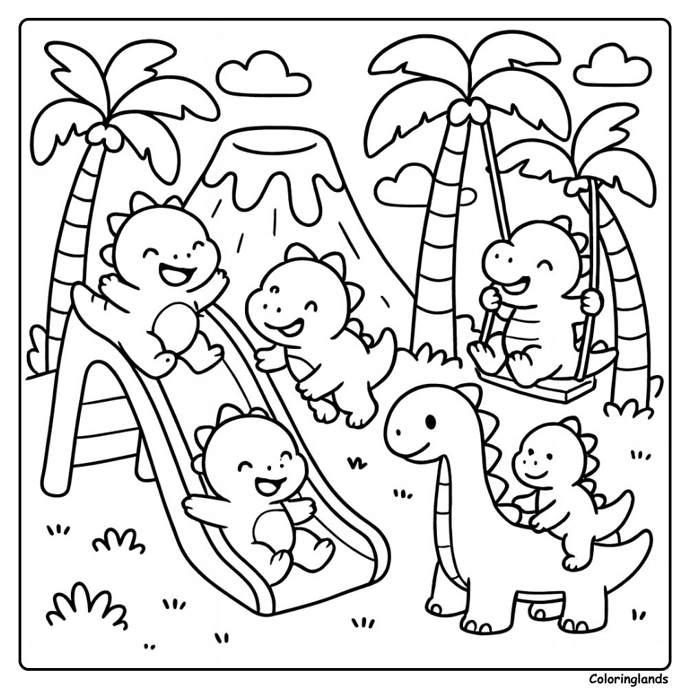 Dinosaur Children in a Playful Jungle Playground coloring page