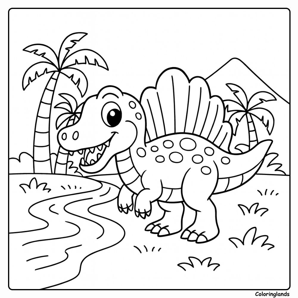 Cartoon Baby Spinosaurus Dinosaur with a River coloring page