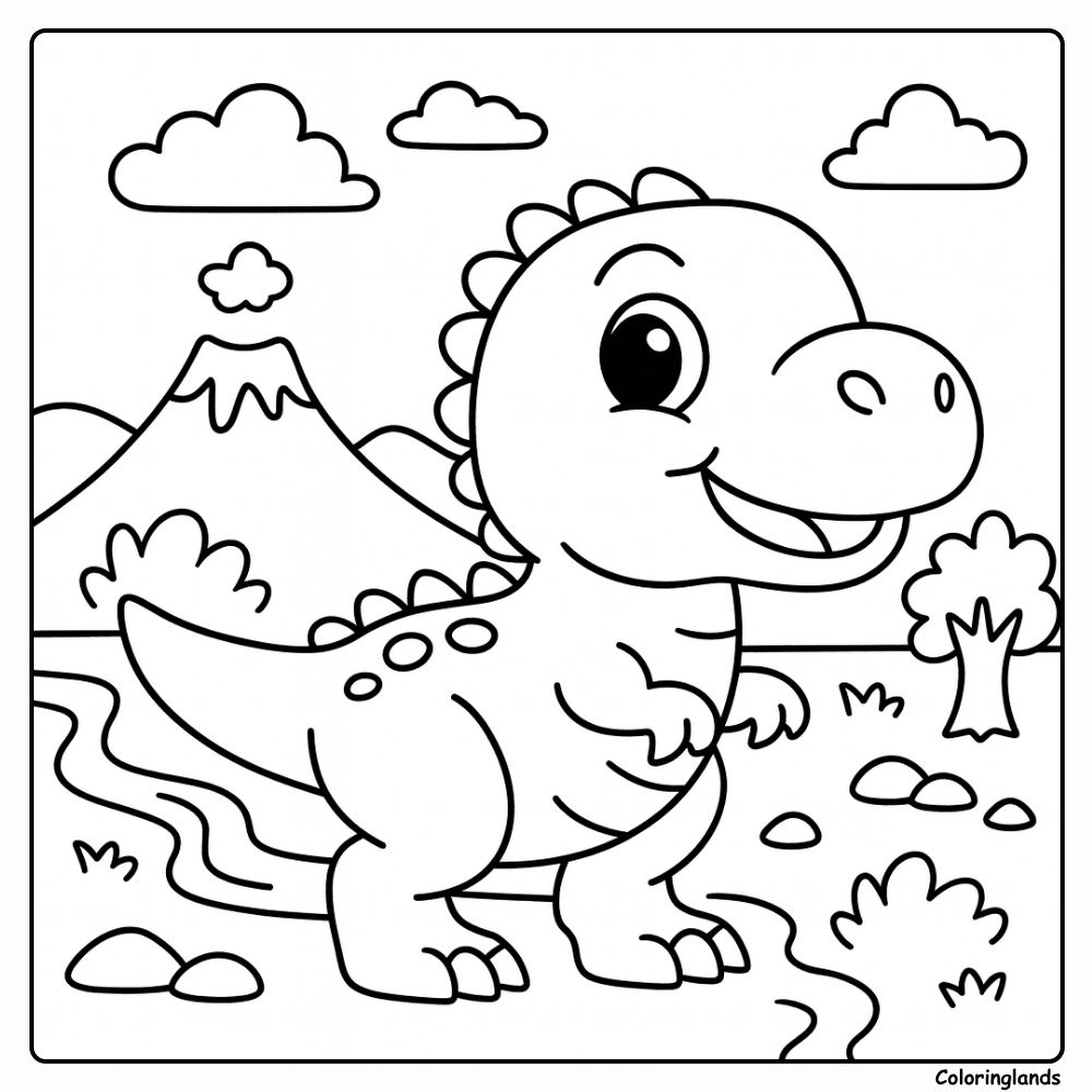A Cartoon Baby T Rex Dinosaur in Sunny Valley coloring page