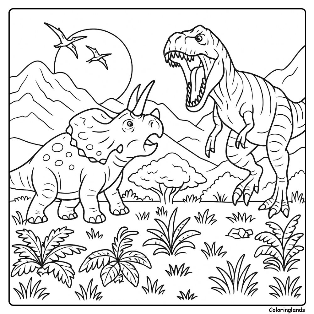 Fighting Dinosaurs T Rex and Triceratops in the Valley coloring page