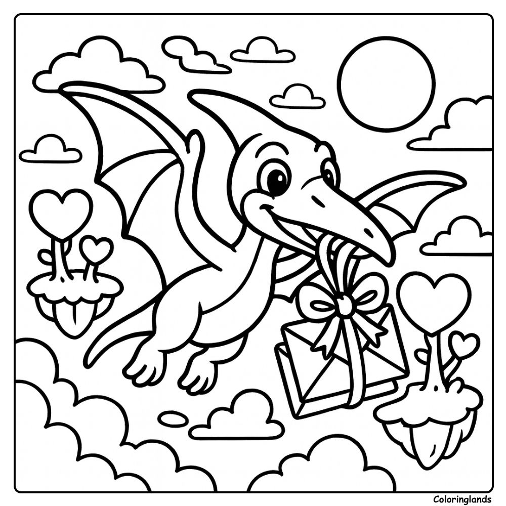 Flying Dinosaur with Gift in Sunny Sky coloring page