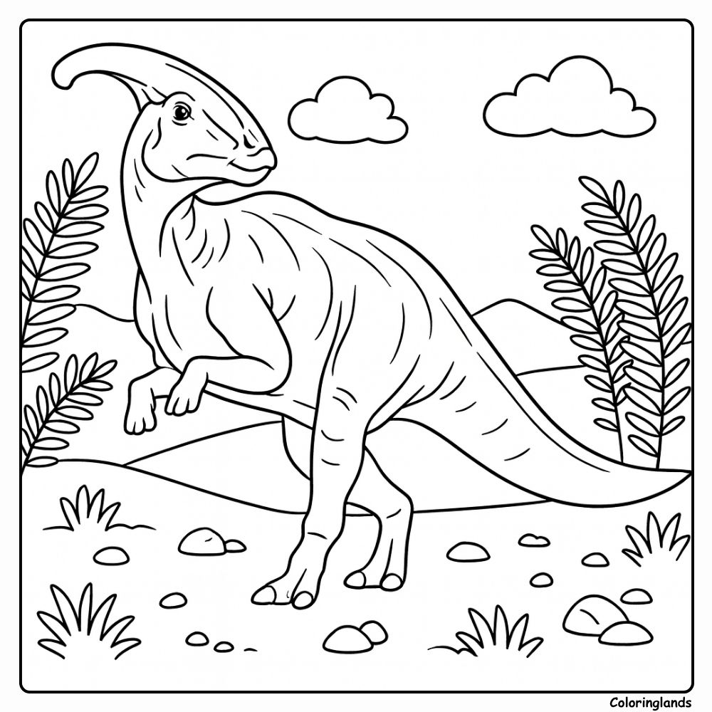 Parasaurolophus in Open Valley with Ferns coloring page