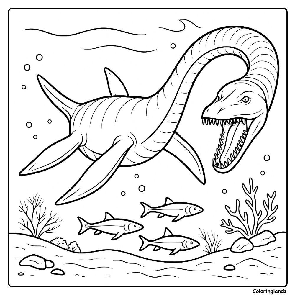 Plesiosaurus Aquatic Dinosaur in Coral Sea coloring page