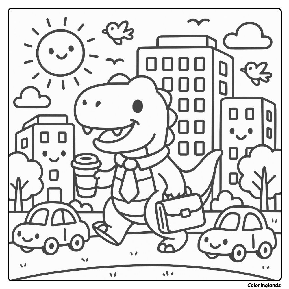 Cute T Rex on a Cheerful Stadswandeling Full of Smiling coloring page