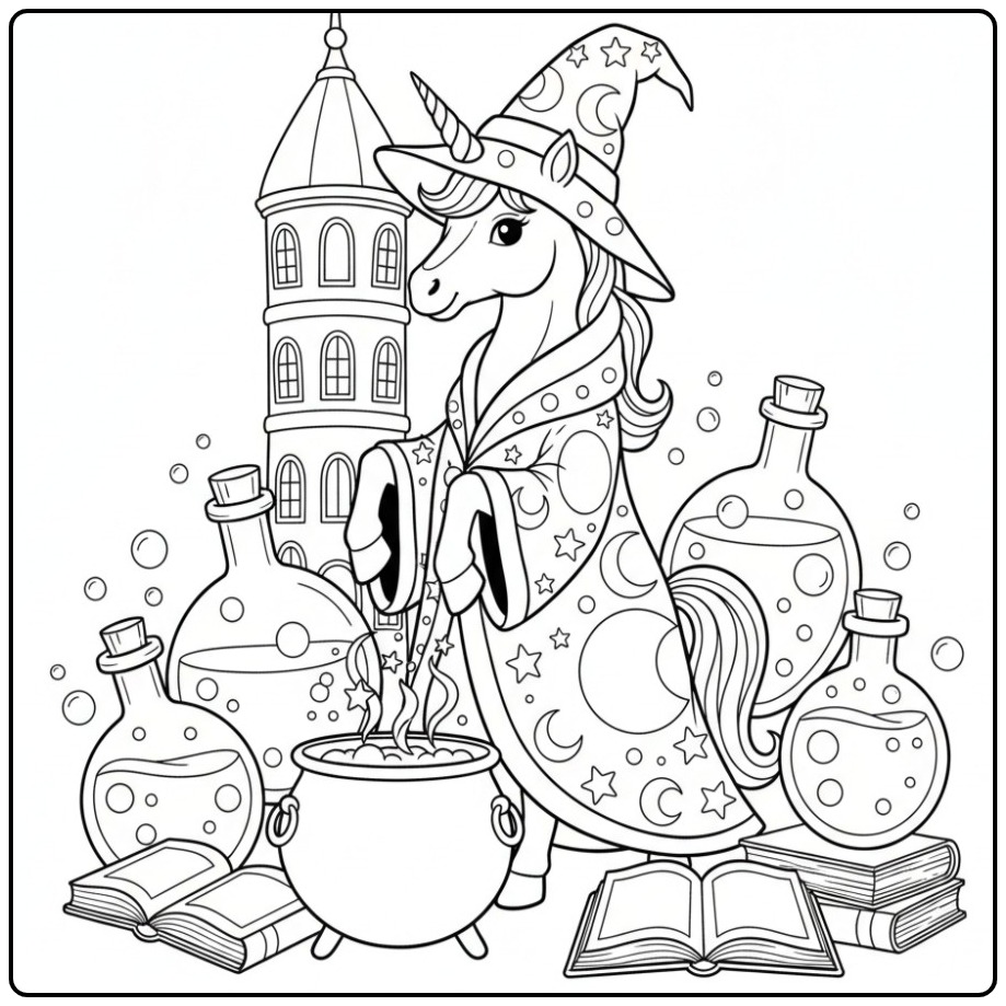 Enchanting Unicorn Wizard Hat coloring page