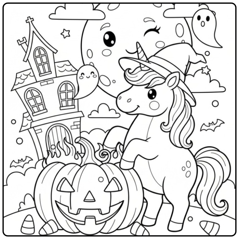 Download the Unicorn Halloween for Children coloring page
