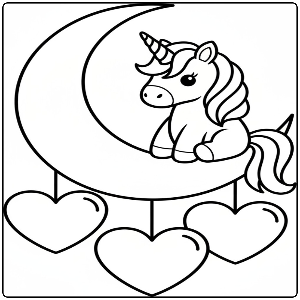 Download Unicorn with Moon and Hearts coloring page