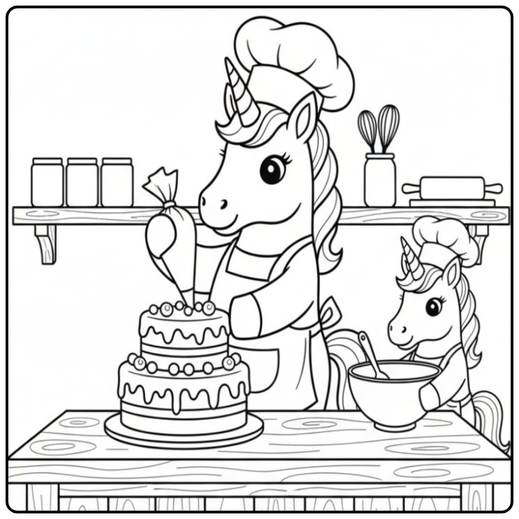 Color the Magical Unicorn Baking Scene coloring page