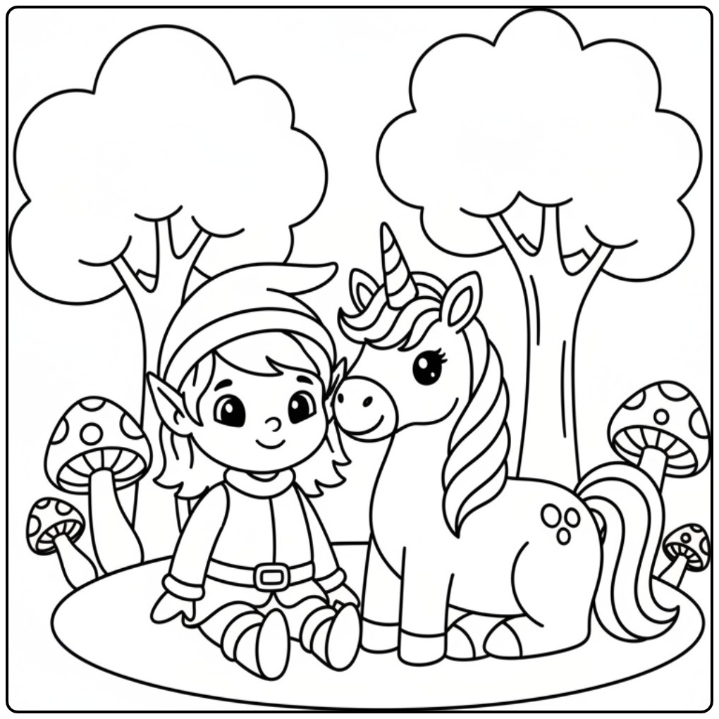 Fairy and Unicorn in a Magical Setting coloring page