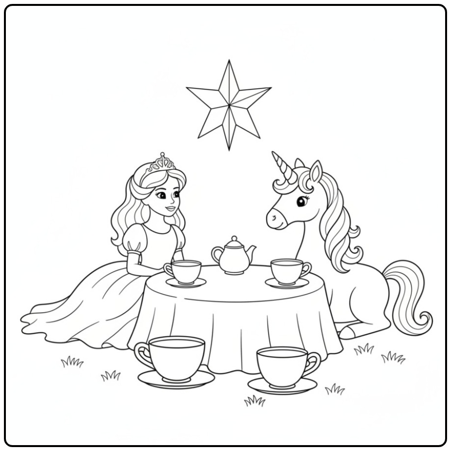 Princess Unicorn Sharing Tea with a Magical Animal coloring page