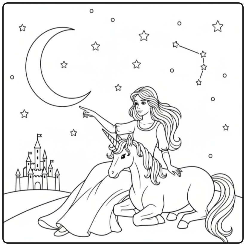Princess Unicorn Dreamy Night with Moon and Castle coloring page