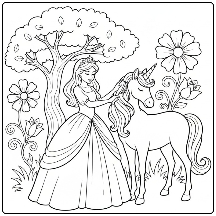 Princess Unicorn in Fairy-tale Garden coloring page
