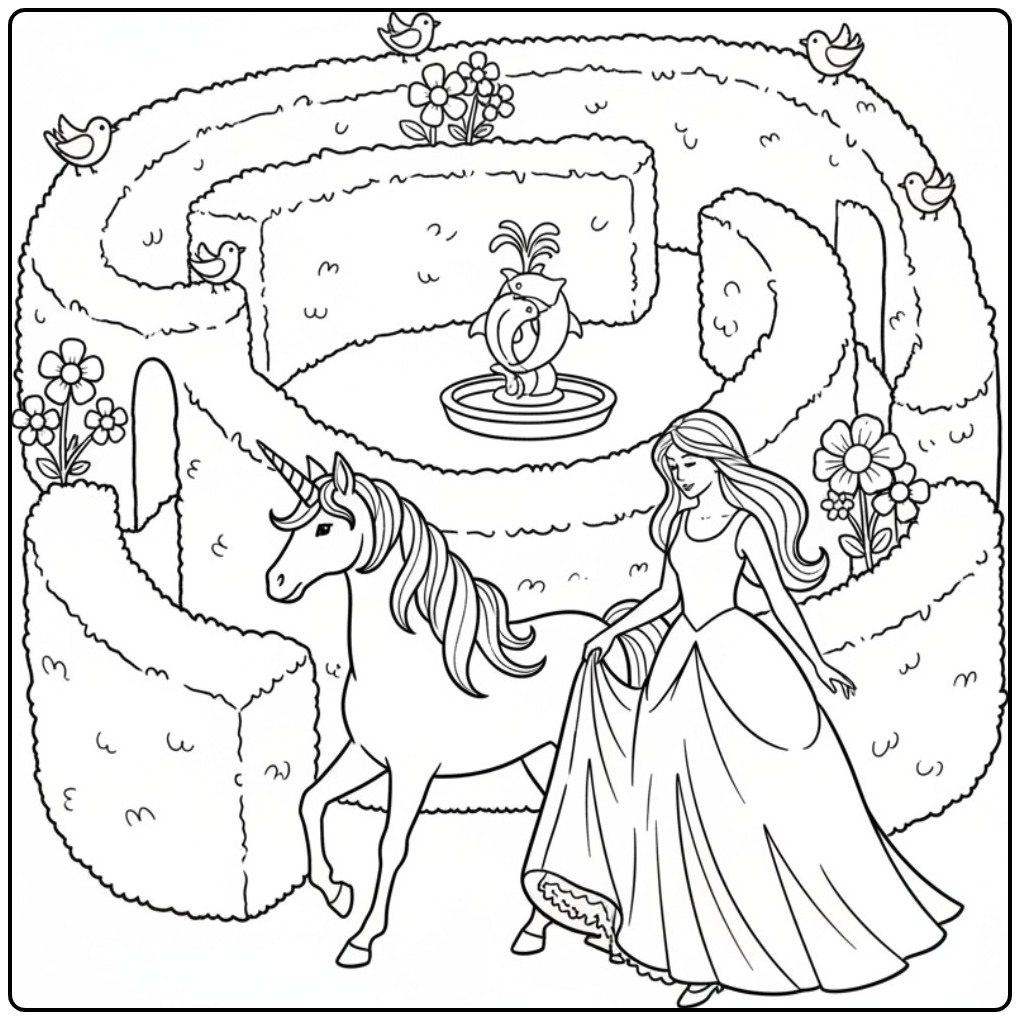 Princess Unicorn in Fairy-tale Garden Maze coloring page