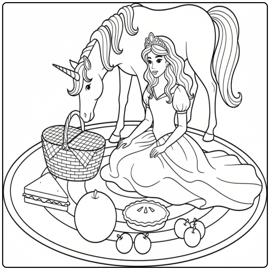 Princess Unicorn Color the Cake and Apple coloring page