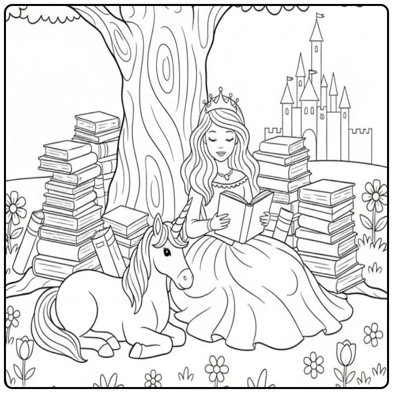 Princess Unicorn Reading Books in a Magical Garden coloring page