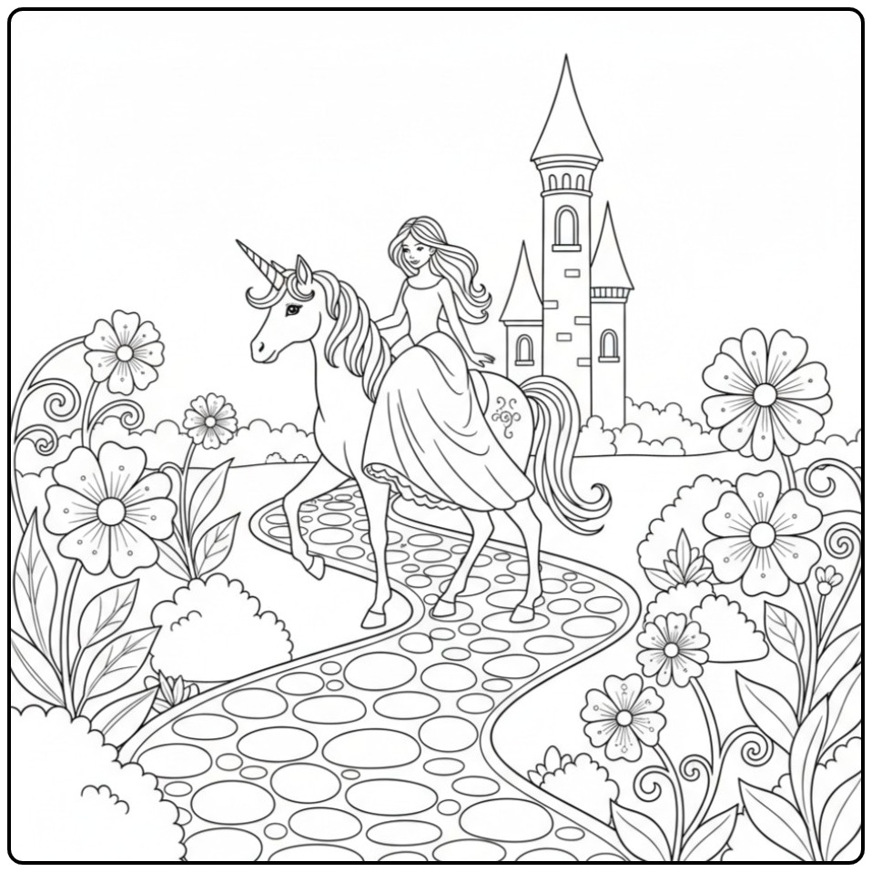 Princess Unicorn Magical Adventure with Castle coloring page