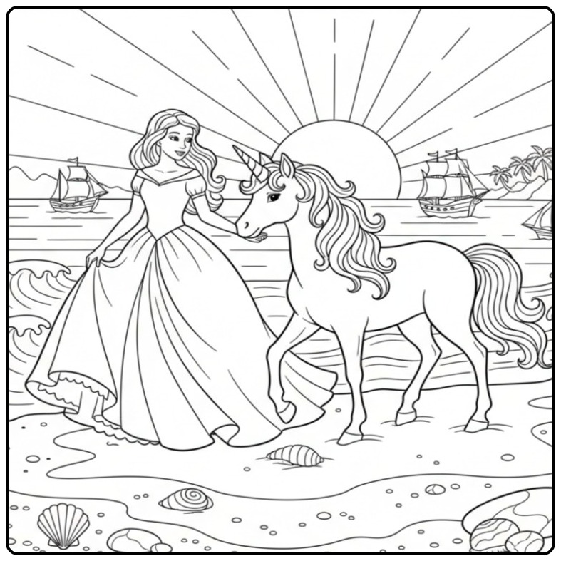 Princess Unicorn Magical Adventures on the Beach coloring page