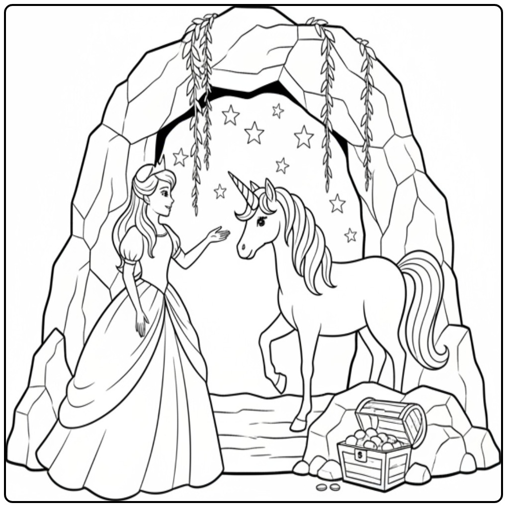 Princess Unicorn Magical Cave Color the Fantasy coloring page