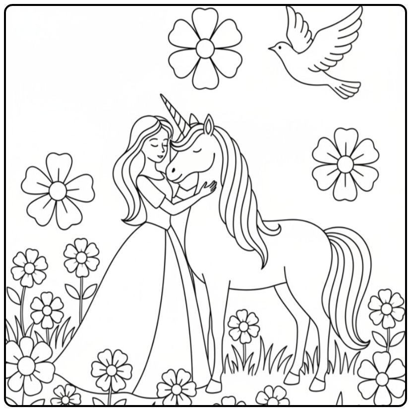 Princess Unicorn with Flowers Bird Print coloring page