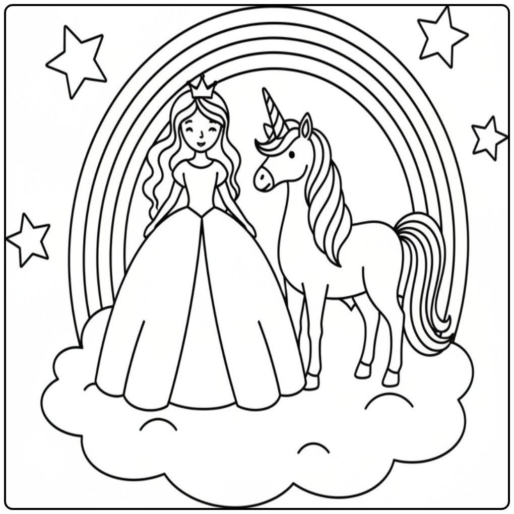 Princess Unicorn with Rainbow and Stars coloring page