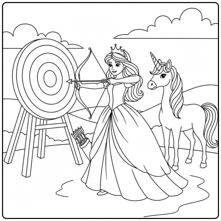 Princess Unicorn on Adventure with Bow and Arrow coloring page