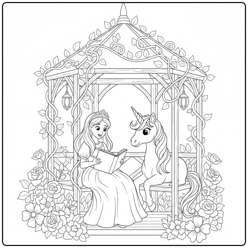 Picture of Princess and Magical Unicorn coloring page