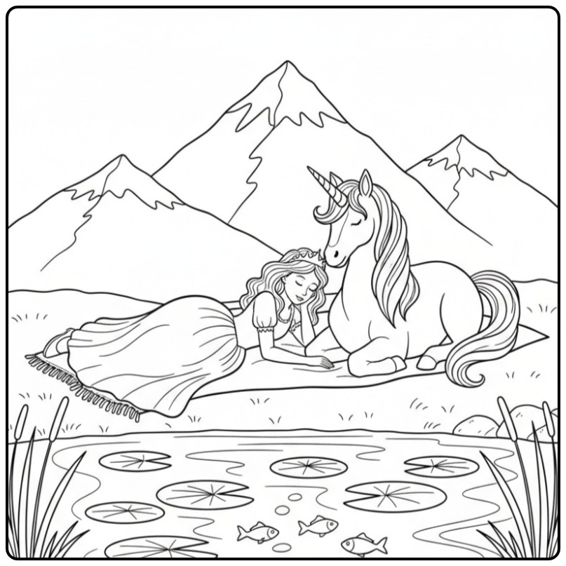 Princess Unicorn Resting Peacefully in Nature coloring page