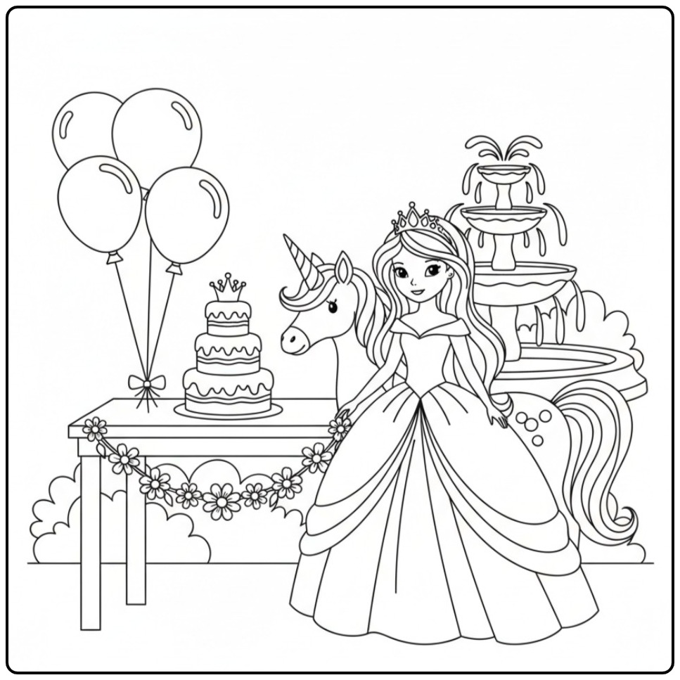 Princess Unicorn Celebrating Party with a Fountain coloring page