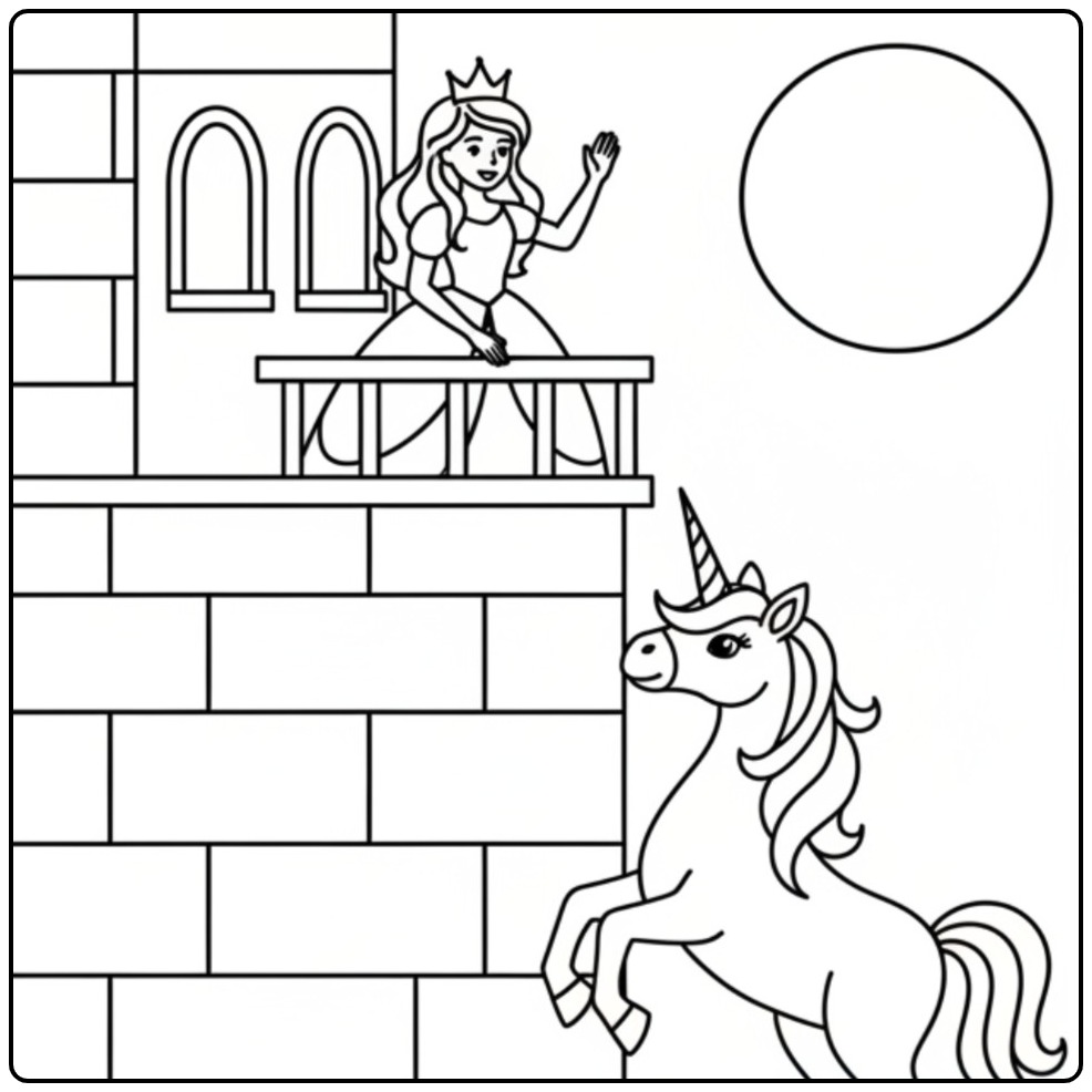 Princess Unicorn Waving from the Castle coloring page