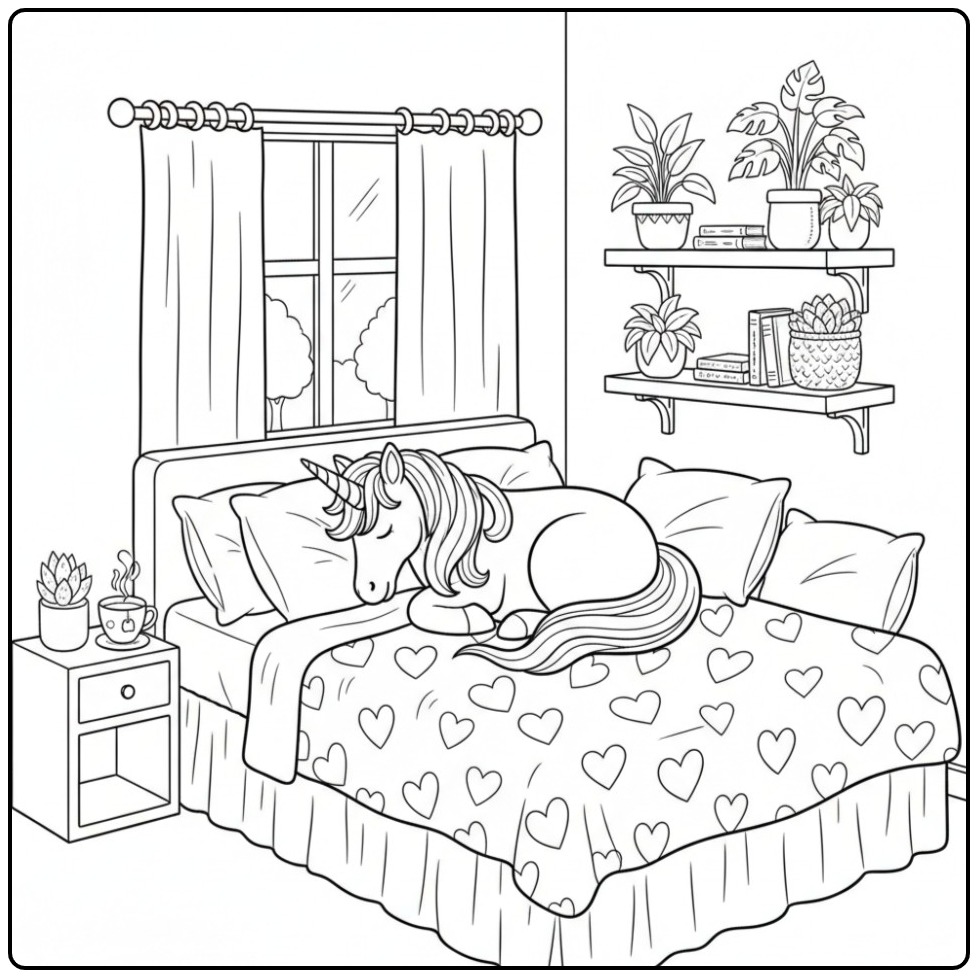 Unicorn Hearts Dreaming in a Cozy Room coloring page