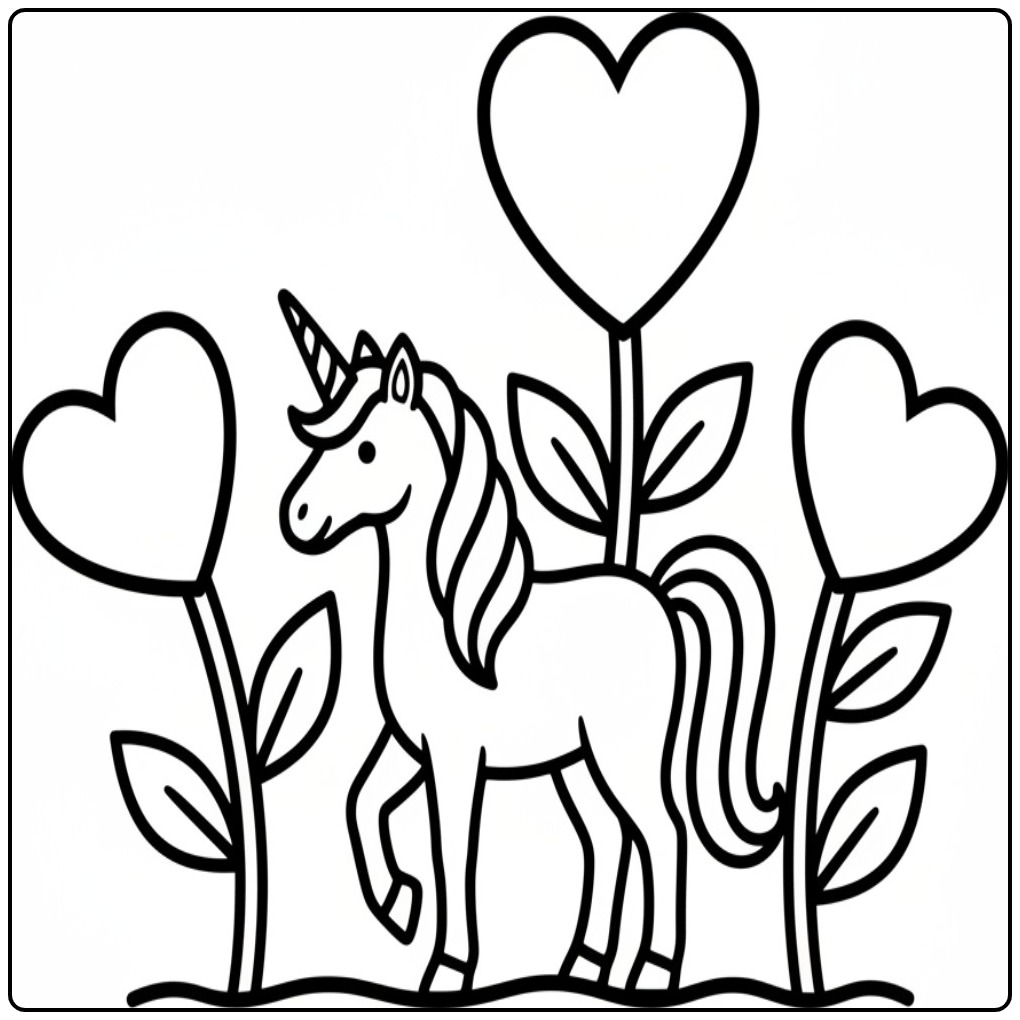 Hearts Unicorn in a Loving Setting coloring page