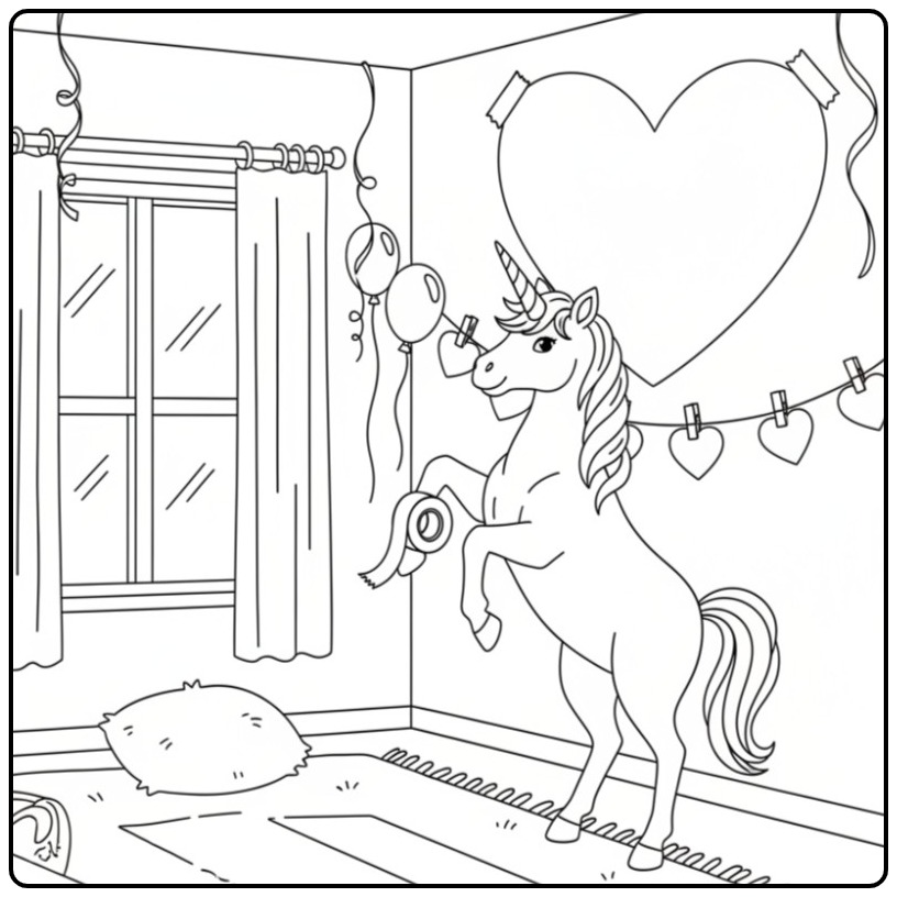 Unicorn Hearts in a Cheerful Room coloring page