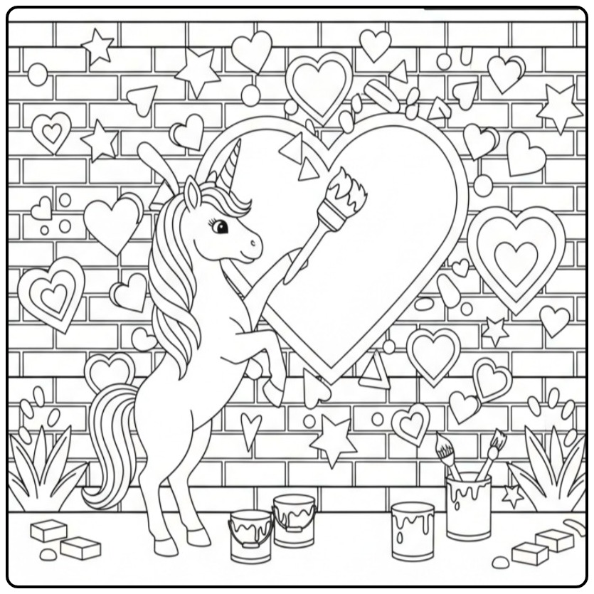 Unicorn Hearts Building a Artwork Full of Love coloring page