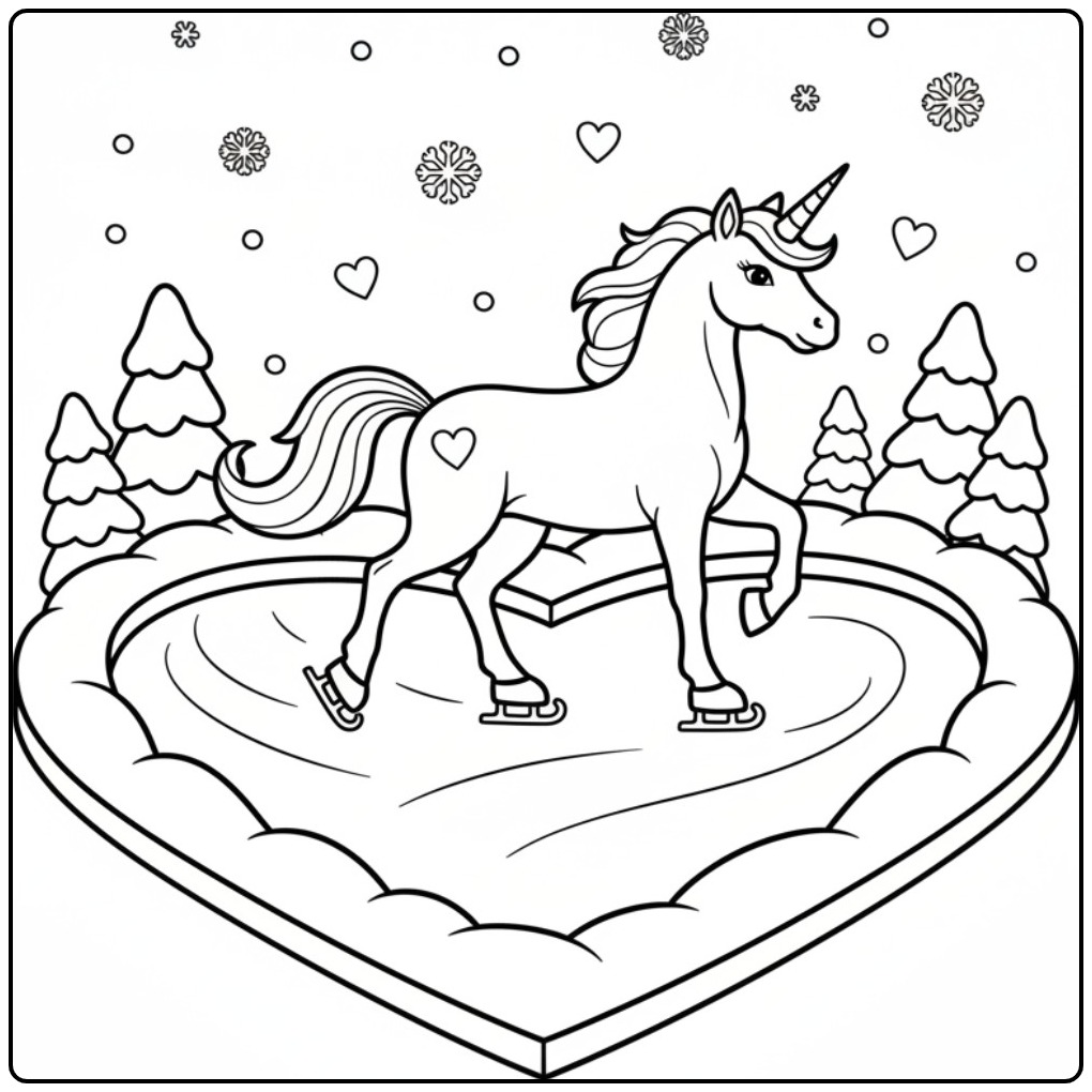 Hearts Magical Unicorn Winter coloring page