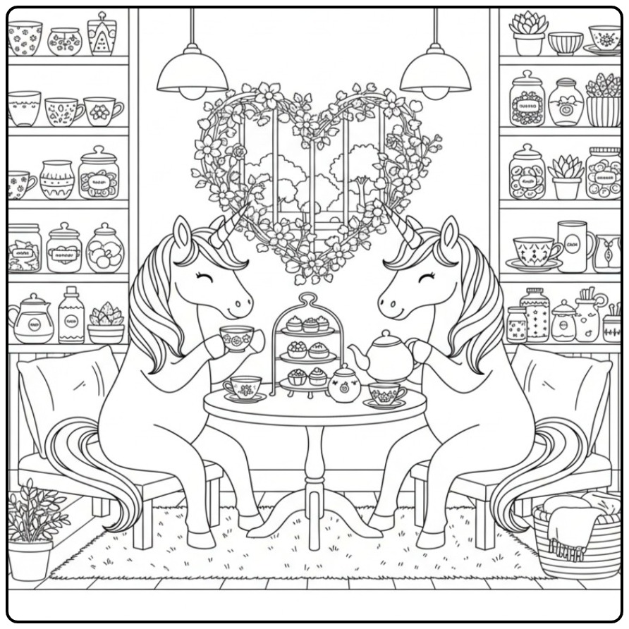 Unicorn Hearts Magical Tea Time Together coloring page