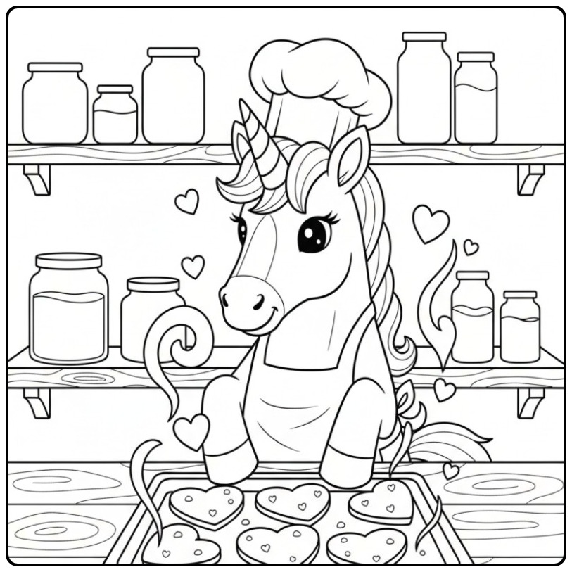 Unicorn Hearts with a Chef's Hat on the Head coloring page