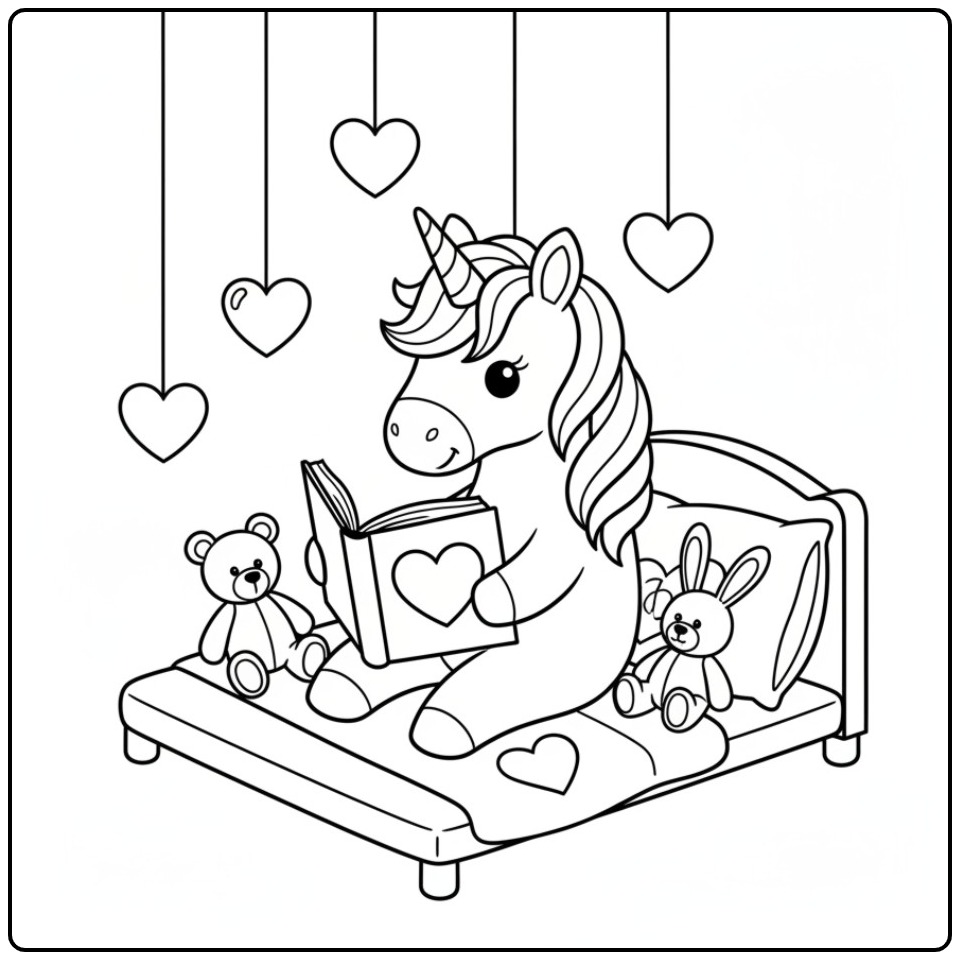 Unicorn Hearts on Bed with Toys and a Book coloring page