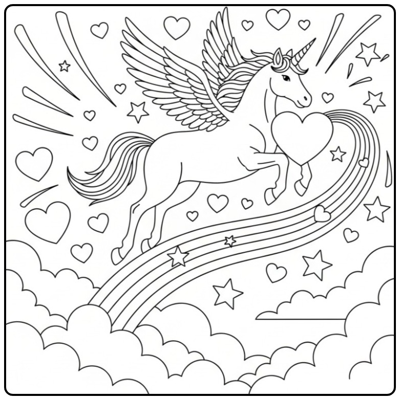 Unicorn Hearts Flying Over a Rainbow coloring page