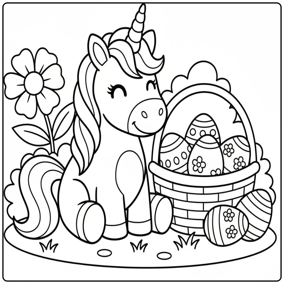 Unicorn and Easter Eggs Basket coloring page