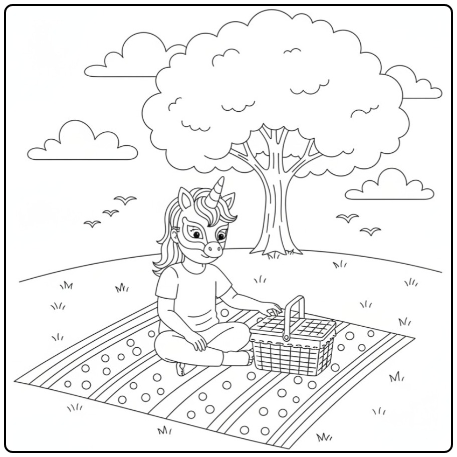 Fun Unicorn Mask Girl Picnic in Nature coloring page