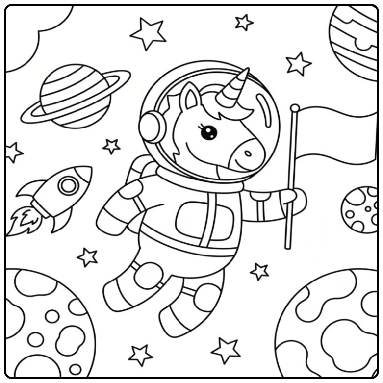 Fun Unicorn in the Space coloring page