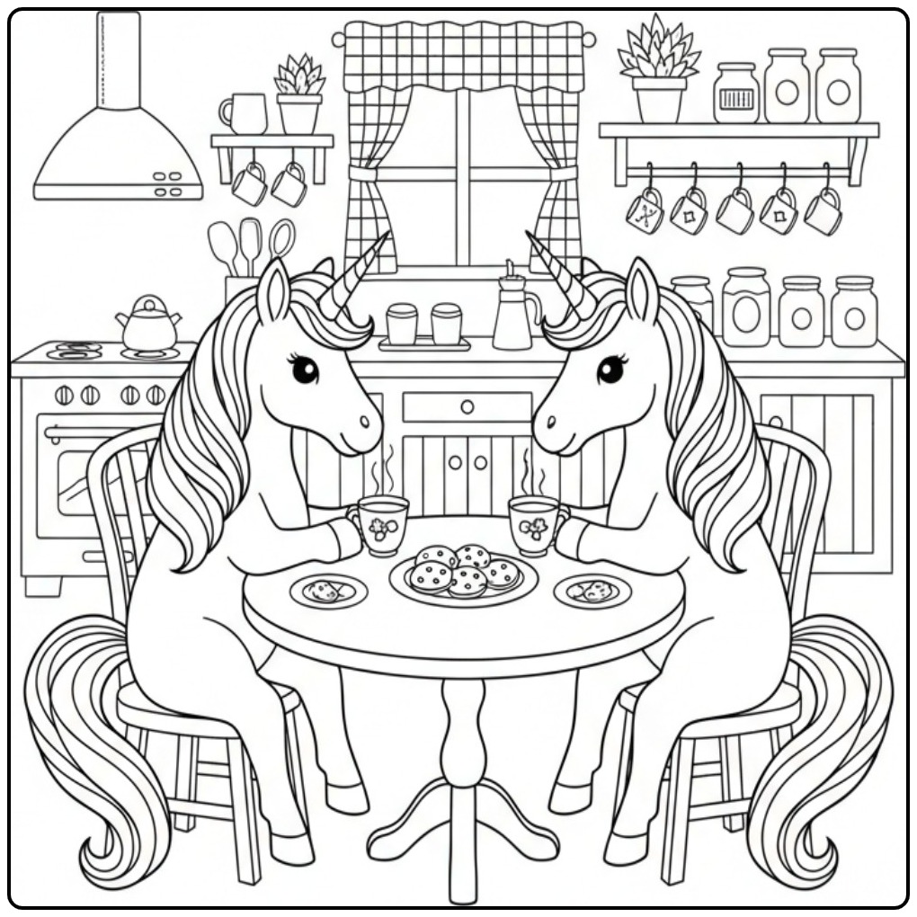 Fun Unicorn Tea Time with Cookies coloring page