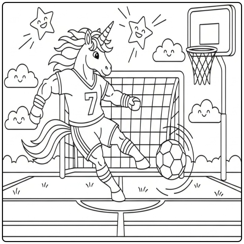 Fun Unicorn Playing Soccer coloring page